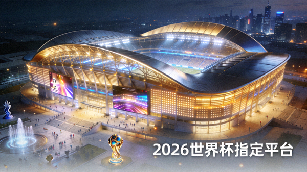 现代化体育场馆全景，宏伟建筑与璀璨灯光，象征2026世界杯指定平台的专业赛事承载能力